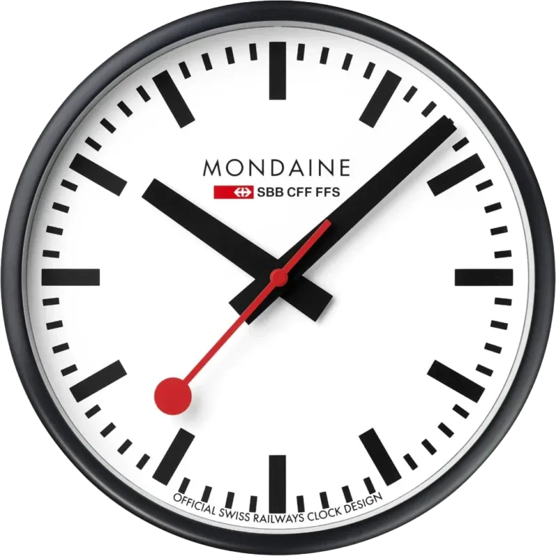 Wanduhr mit weißem Ziffernblatt, schwarzen Zeigern und roter Sekunde, schwarzer Rand