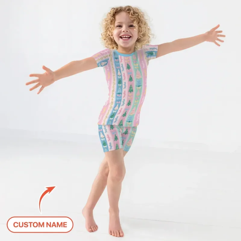 Candy Ribbon Christmas Custom Name Two Piece Short Sleeve Shorts Pajama Set , Candy Ribbon Christmas Custom Name Two Piece Short Sleeve Shorts Pajama Set - 12-18M
