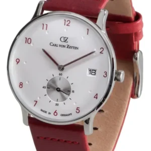 Herrenuhr Carl von Zeyten mit rotem Lederband, Mineralglas und Datumsanzeige