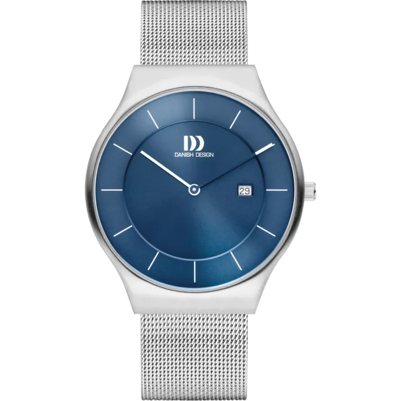 Herrenarmbanduhr Danish Design mit blauem Zifferblatt, Datumsanzeige, Mesh-Armband, Mineralglas