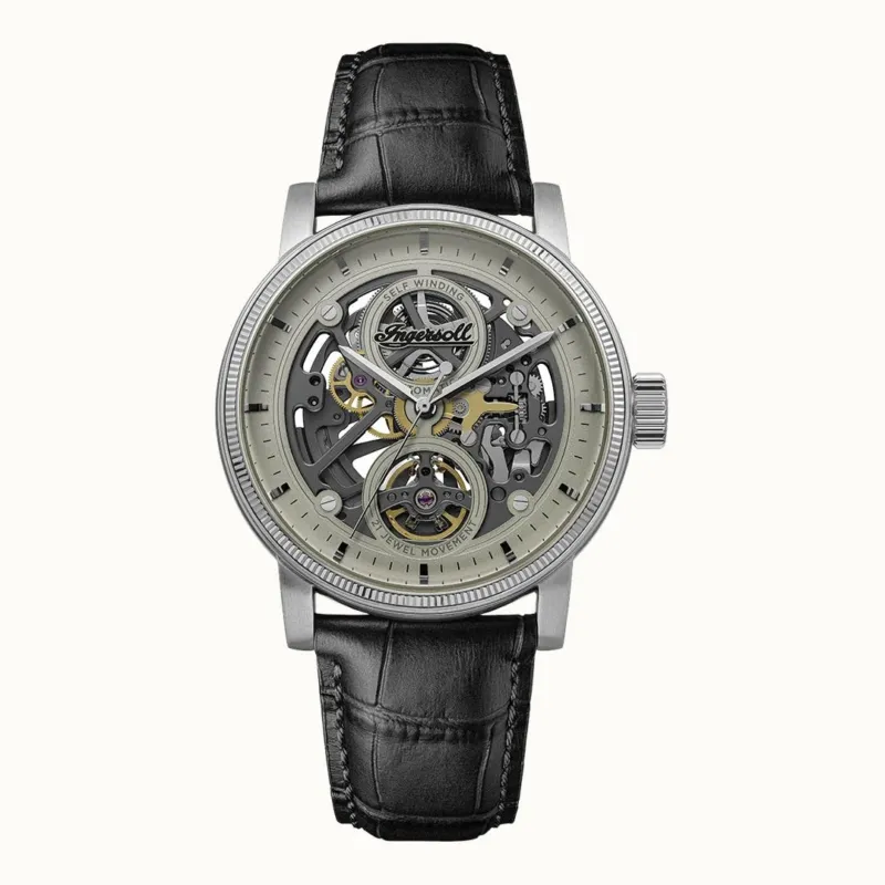 Ingersoll Herrenarmbanduhr mit schwarzem Lederband und offenem Automatik-Ziffernblatt