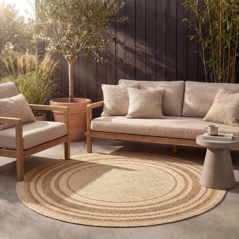 Round Jute Outdoor Rug - Mavi Border Cream/Brown