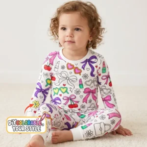 Girly Bows & Cherries Doodles Colorable Bamboo Two Piece Long Sleeve Pajama Set