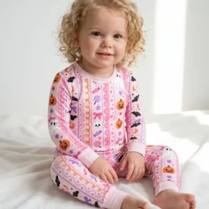 Coquette Ghost Halloween Stripes Bamboo Two Piece Long Sleeve Pajama Set