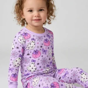 Purple Bow Ghost Halloween Bamboo Two Piece Long Sleeve Pajama Set
