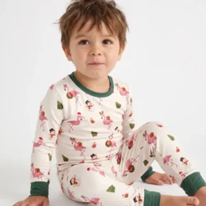 Starlight Cream Flamingo Christmas Cheer Bamboo Two Piece Long Sleeve Pajama Set