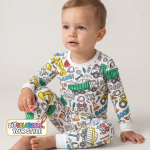 Construction Trucks Doodle Crew Colorable Bamboo Two Piece Long Sleeve Pajama Set