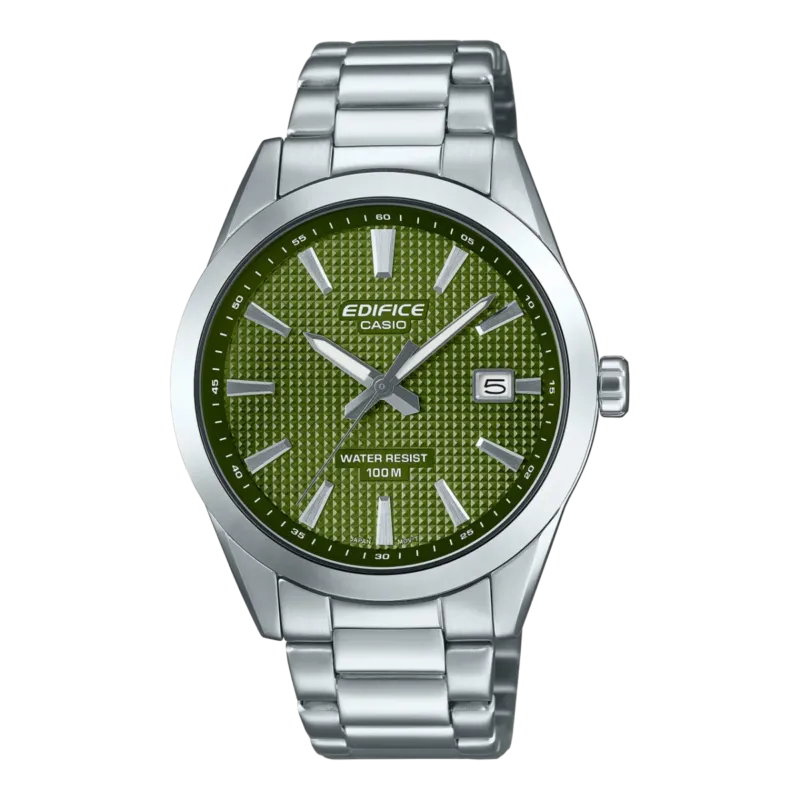 Casio Edifice Herrenarmbanduhr mit Metallarmband, grünem Zifferblatt und Datumsfenster.