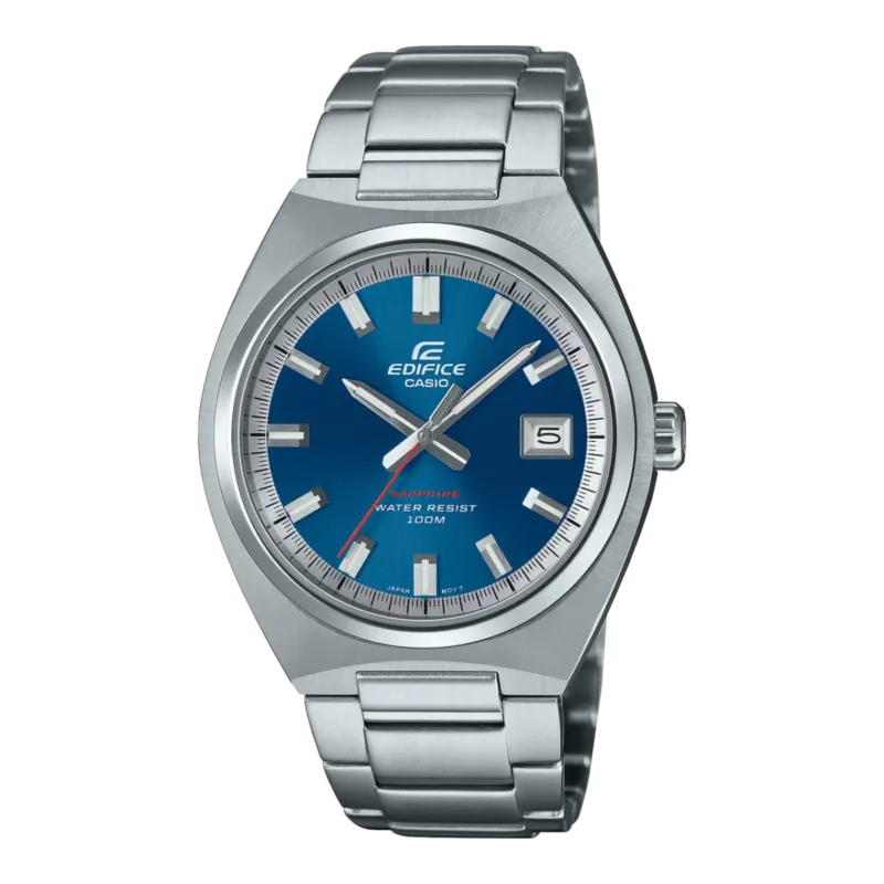 Casio Edifice Herrenuhr mit blauem Zifferblatt, Edelstahlband und Datum bei 5 Uhr