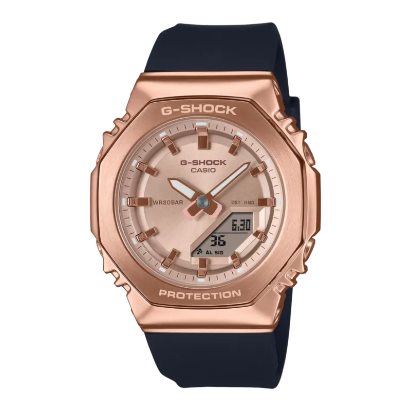 Damen-G‑Shock-Armbanduhr mit roségoldfarbenem Gehäuse und schwarzem Silikonarmband