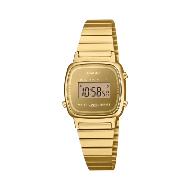 Goldfarbene Casio Damenarmbanduhr mit digitalem Display und Metallarmband