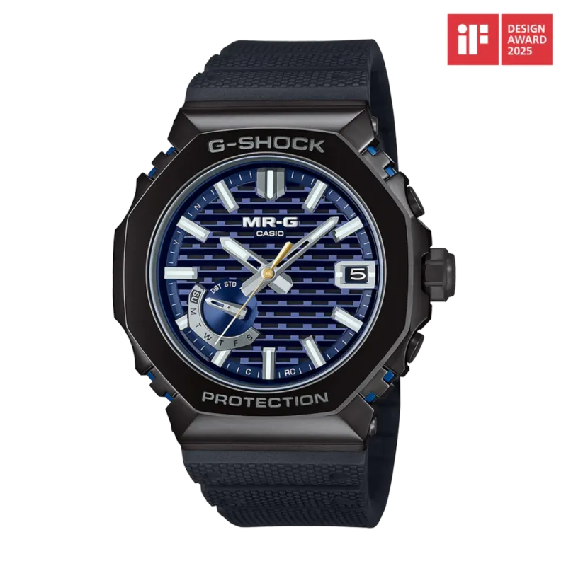 Casio MR-G Herrenuhr mit blauem Zifferblatt und schwarzem Gummiband, rundes Gehäuse.