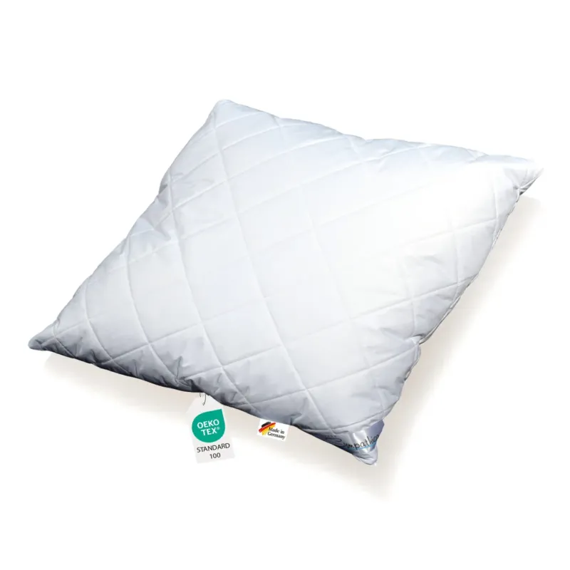 Ein Kopfkissen 80x80 in weiß mit oekotex Label geeignet für Allergiker