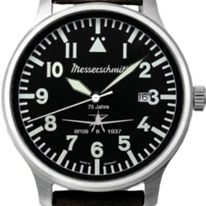 Messerschmitt Herrenarmbanduhr mit schwarzem Zifferblatt, braunem Lederband, Datum
