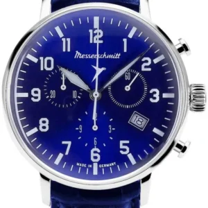 Herrenarmbanduhr von Messerschmitt mit blauem Zifferblatt, Chrono-Anzeige und blauem Lederarmband