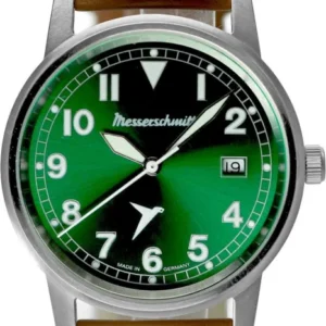Herrenuhr mit grünem Zifferblatt, Stabindizes und Lederarmband in Braun