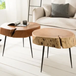 GOA Runder Couchtisch 60cm Akazie Massivholz Baumstamm schwarze Metallbeine