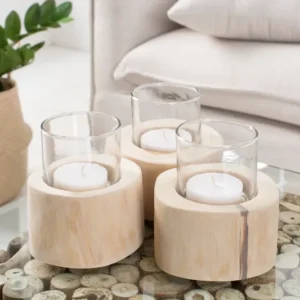 Elegantes 3er Set Windlicht LIMOTION Teakholz Outdoor Teelicht Kerzenhalter