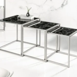 ELEMENTS Design Beistelltisch 3er Set 40cm schwarz Glasplatten in Marmoroptik