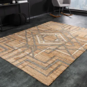 AZTECA Handgewebter Teppich 230x160cm beige grau aus Hanf und Wolle geometrische Muster
