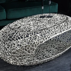 Handgearbeiteter Couchtisch ORGANIC 120cm silber Metall Blatt-Design mit Stauraum