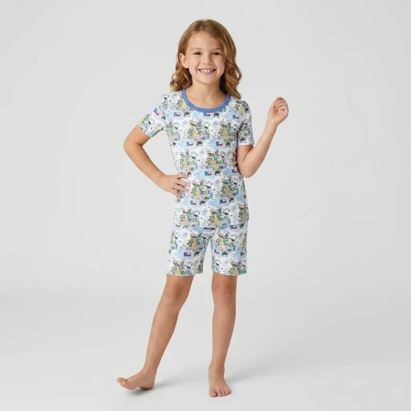 Texas Map Family Matching Bamboo Two Piece Short Sleeve Shorts Pajama Set