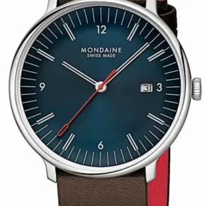 Herrenuhr mit rundem Stahlgehäuse, dunkelblauem Zifferblatt und braunem Lederarmband