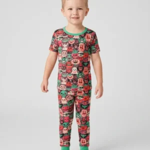 Retro Halloween Monsters Ghost Pumpkin Mummy Bamboo Two Piece Short Sleeve Pajama Set