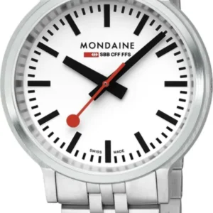 Herrenuhr mit weißem Zifferblatt, schwarzen Indexen und roter Sekundenmarkierung, Edelstahlband