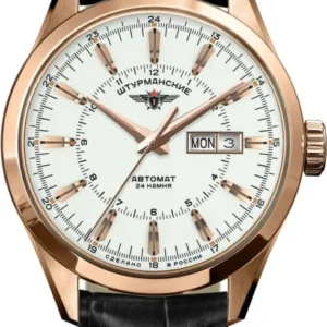 Herrenarmbanduhr mit schwarzem Lederband, roségoldenem Gehäuse und weißem Zifferblatt