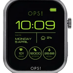OPS! Smartwatch mit schwarzem Ziffernblatt, 10:09 Uhr, schwarzem Lederriemen