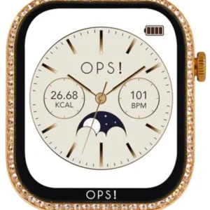 Smartwatch mit goldenem Metallmaschenarmband, schwarzem Display und Glitzerrahmen
