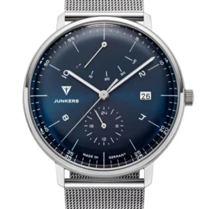 Junkers Automatik-Armbanduhr mit blauem Zifferblatt, Metall-Meshband und Datumsanzeige