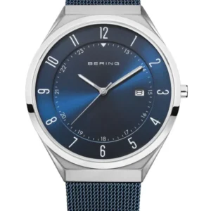 Herren-Uhr mit blauem Zifferblatt, schmalem Edelstahlgehäuse und Metall-Meshband
