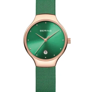 Bering Damenuhr mit grünem Zifferblatt, roségoldfarbenem Gehäuse und grünem Mesh-Armband