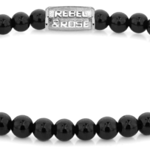 Armband aus schwarzen Onyx-Perlen mit Edelstahlverschluss, Rebel&Rose Schriftzug