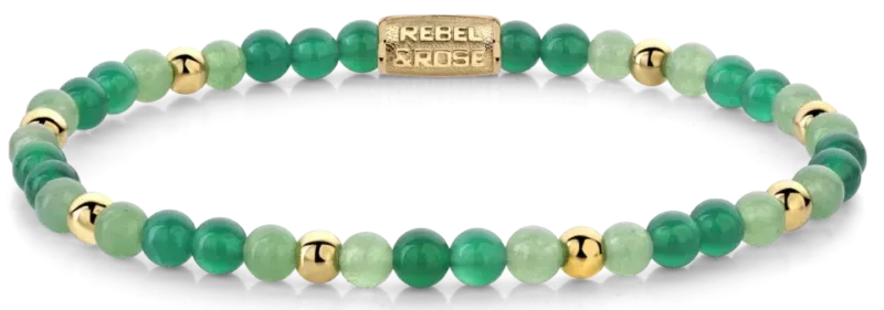Armband mit grünen Steinperlen, goldfarbenen Rondellen und Edelstahlverschluss