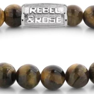 Armband mit großen Tigerauge-Perlen und Edelstahlverschluss, Rebel&Rose Schriftzug