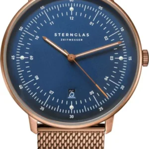 Herrenuhr mit blauem Zifferblatt, roségoldener Lünette und Metall-Mesharmband