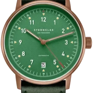 Herrenuhr mit grünem Zifferblatt und grünem Lederband, roségoldfarbener Lünette.