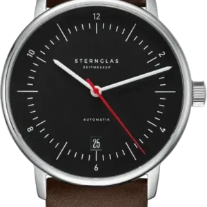 Herrenuhr mit schwarzem Zifferblatt, braunem Lederband und silbernem Gehäuse.