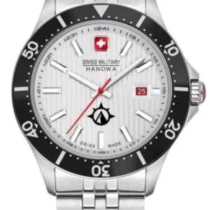 Herrenuhr mit silbernem Metallband, schwarzer Lünette und weißem Zifferblatt