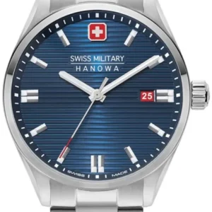 Herrenarmbanduhr mit blauem Zifferblatt und silbernem Edelstahlarmband, analog, mit Krone