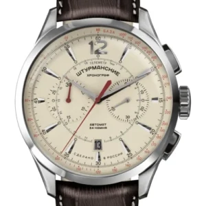 Herrenarmbanduhr mit braunem Lederarmband, silbernem Chronographengehäuse und weißem Zifferblatt