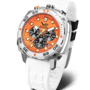 Vostok Europe Herrenuhr: orange Zifferblatt, weißes Silikonarmband, bis 20 ATM