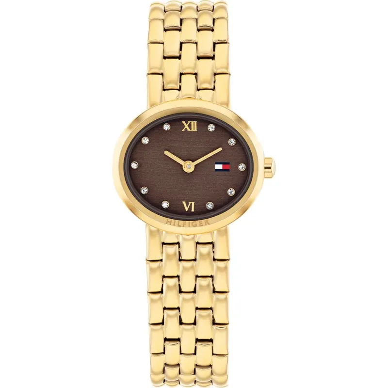 Tommy Hilfiger Damenarmbanduhr: goldfarbenes Edelstahlband, braunes Rundzifferblatt, römische Zahlen