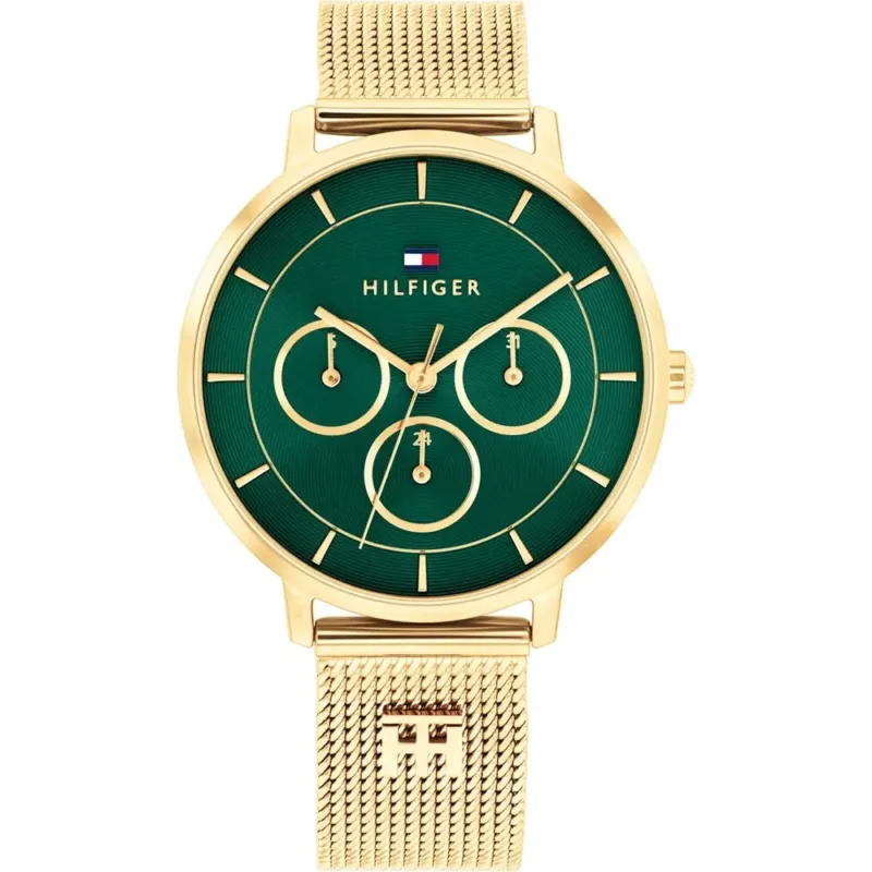 Tommy Hilfiger Damenarmbanduhr mit smaragdgrünem Zifferblatt, goldfarbenem Milanaiseband