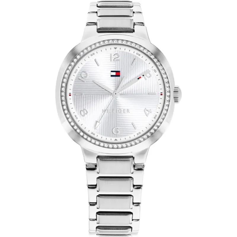 Tommy Hilfiger Damenarmbanduhr: silberfarbenes Metallarmband, Strass-Lünette, helles Zifferblatt