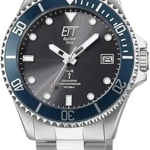 Eco Tech Time Herrenuhr mit Metallarmband, dunklem Zifferblatt und blauem Lünette