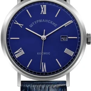Herrenarmbanduhr mit rundem silbernem Gehäuse, blauem Zifferblatt und Lederarmband